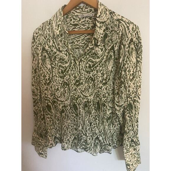 Zara Blouse Long Sleeve Green Print Size L - Picture 1 of 6